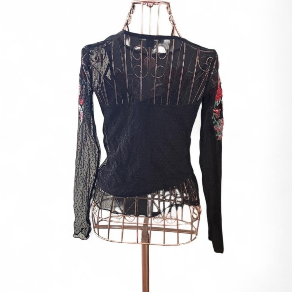 American Eagle - Women's Sheer Mesh Floral Embroidered Top - Black - Size XS - Picture 3 of 4